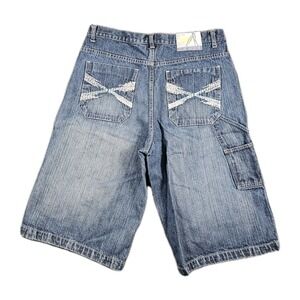 Vintage Outback Rider Y2K Denim Shorts Mens 34 Blue Utility Cargo Pocket 00s 14"